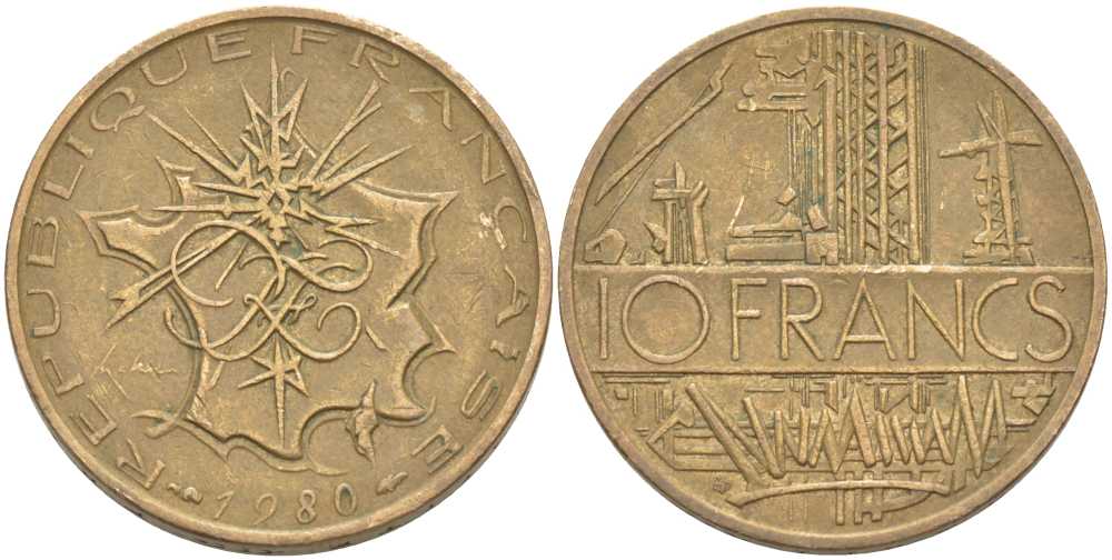 Франция 10 франков 1980 тип Матье KM 940, Le Franc 365.15-16 никель латунь 111-1021