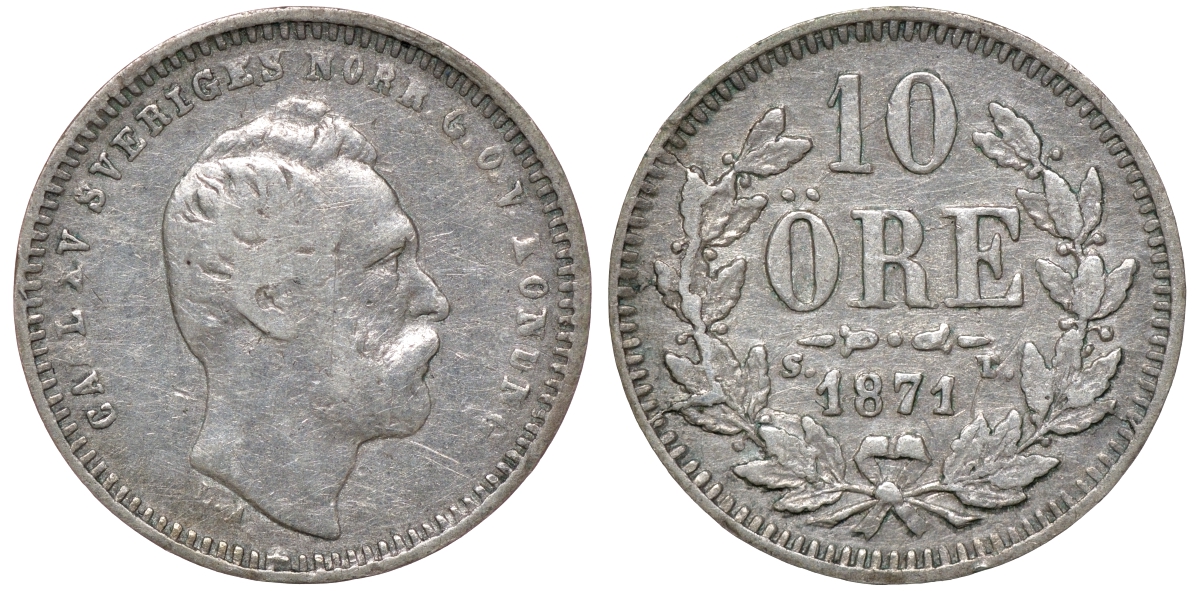 Швеция 10 эре 1871 Карл XV (1859-1872) KM 710 серебро 4179-653