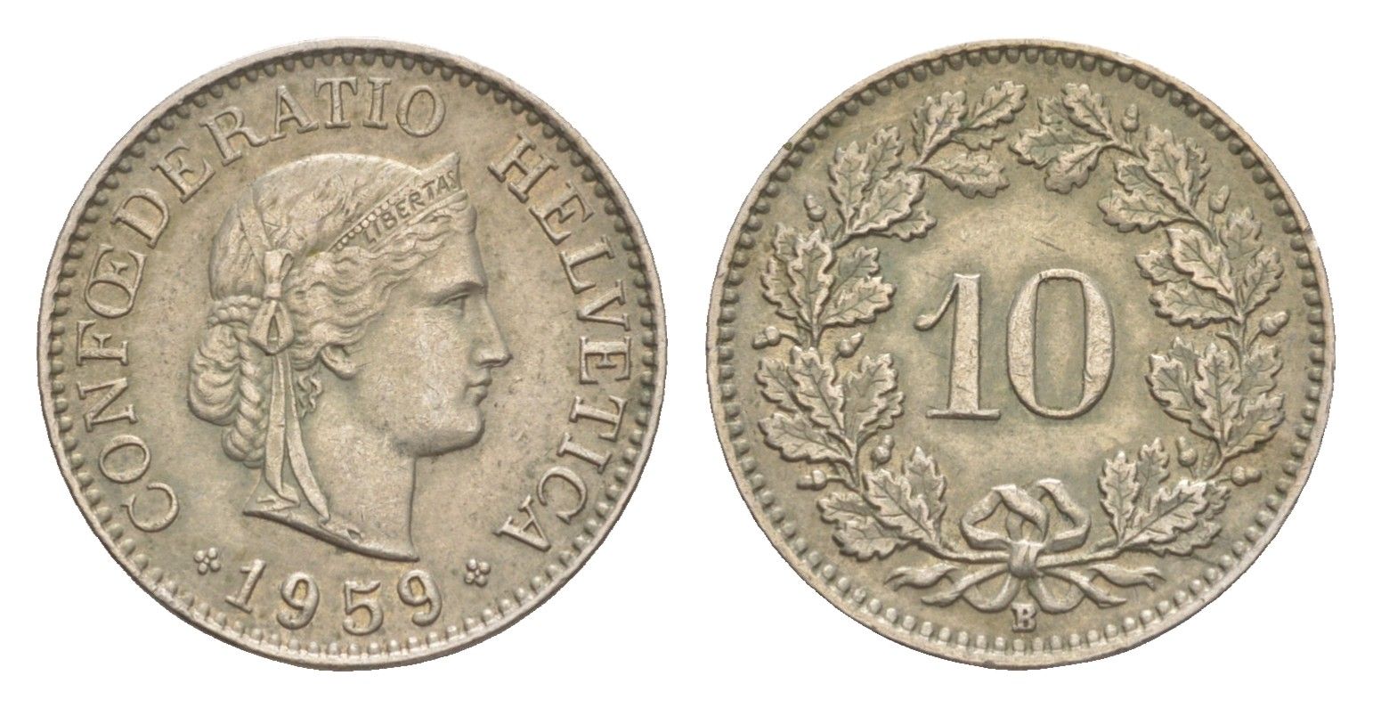 Швейцария 10 раппенов 1959 B KM 27 медно-никель 4643-344