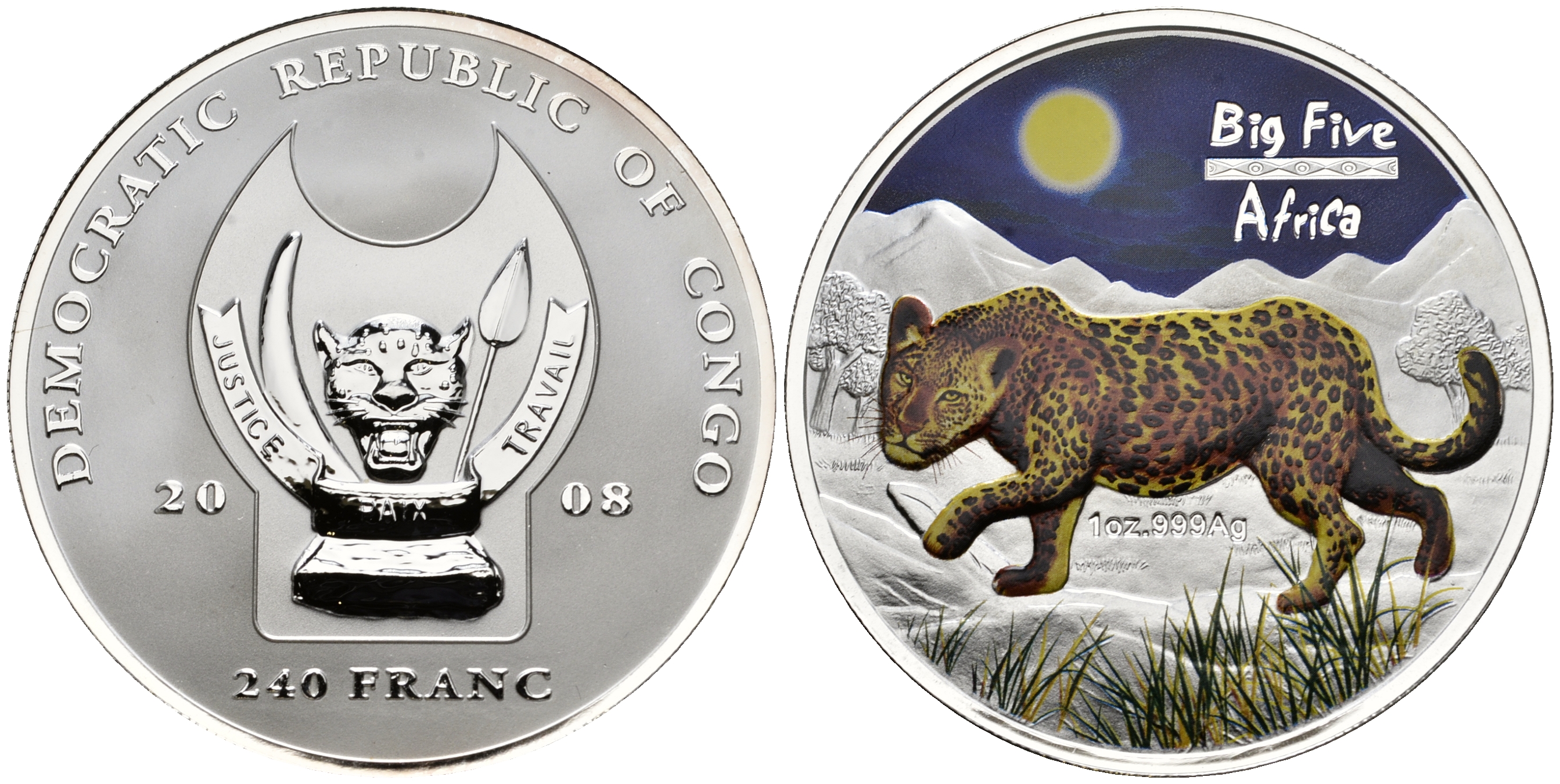 ДР Конго 240 франков 2008 серия 5 крупнейших животных Африки (Big Five), леопард, цветная эмаль  серебро  PROOF  11-147-25