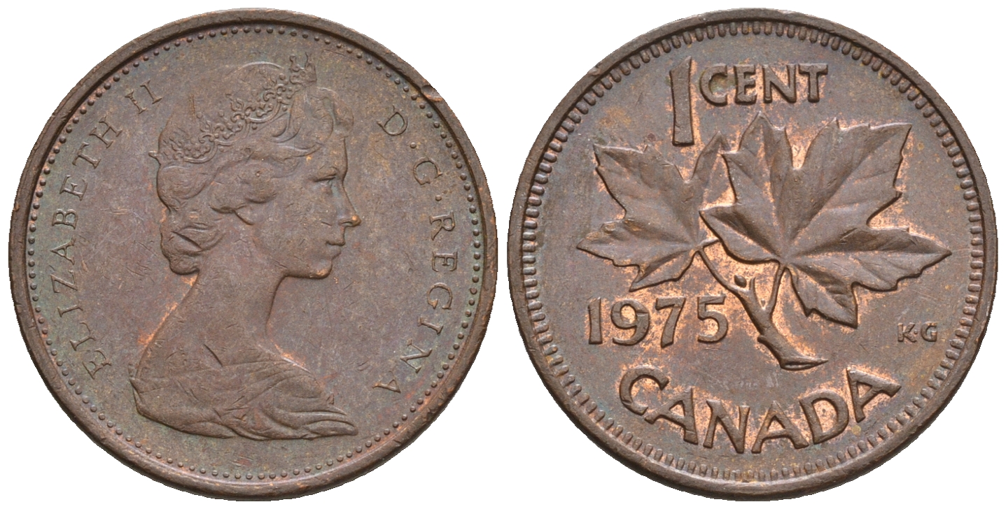 Канада 1 цент 1975 Елизавета II (1952-2022), кленовый лист KM 59.1 бронза 4609-143