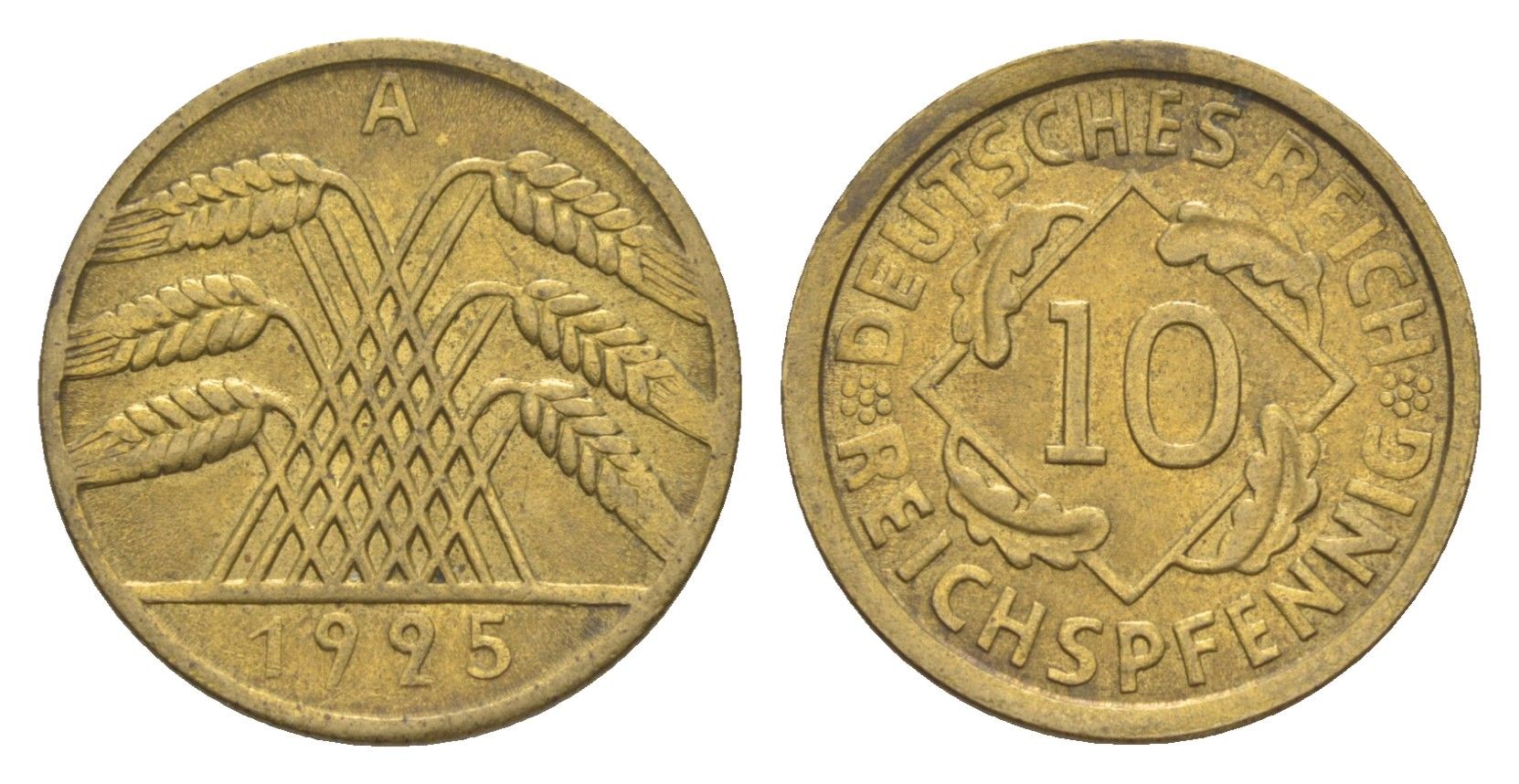 Германия 10 рейхспфеннигов 1925 A KM 40, J. 317 алюминиевая бронза aUNC 1520-712