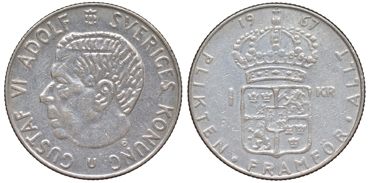 Швеция 1 крона 1967 U, Густав VI Адольф (1950-1973) KM 826 серебро 4178-757