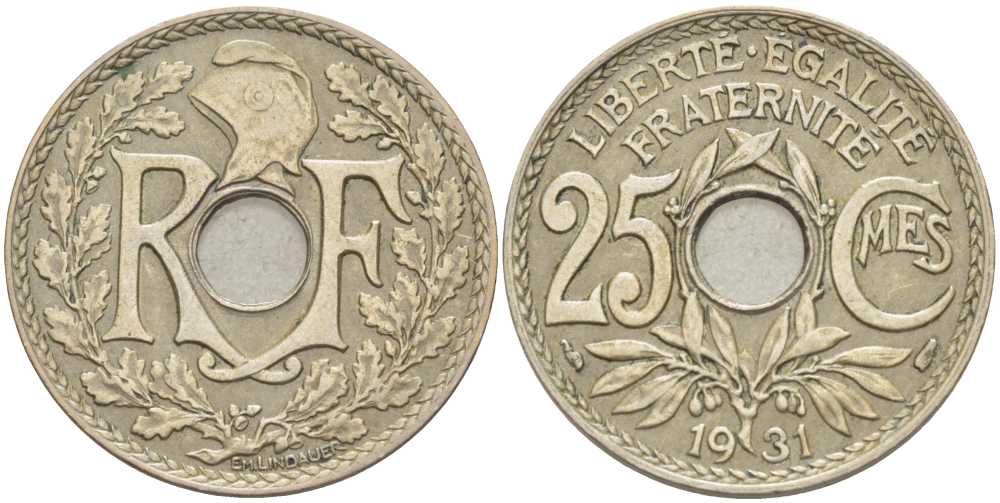 ФРАНЦИЯ 25 САНТИМОВ 1931 ТИП ЛИНДАЙЁ KM 867а, LE FRANC 171.15 медно-никель 202-121