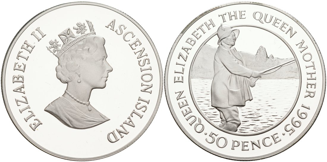 Остров Вознесения 50 пенсов 1995 95 лет со дня рождения Королевы Матери, на рыбалке KM 7a серебро PROOF 11-076-12