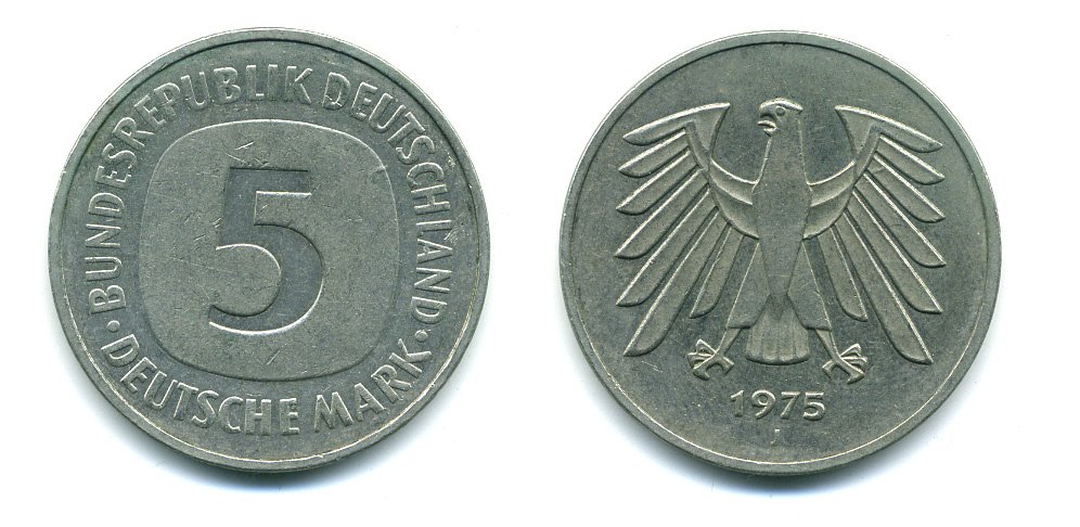 ФРГ 5 марок 1975 J, монетный двор Гамбург КМ 140.1, J. 415 медно-никель плакированный никелем 37-1116