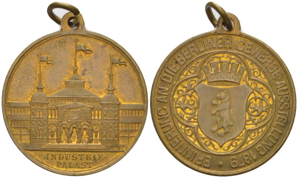 ГЕРМАНИЯ МЕДАЛЬ 1879 ПРОМЫШЛЕННЫЙ ДВОРЕЦ, БЕРЛИНСКАЯ ВЫСТАВКА 1879 ГОДА, С КОЛЬЦОМ ДЛЯ НОШЕНИЯ, ДИАМЕТР 24 ММ. бронза 4527-834
