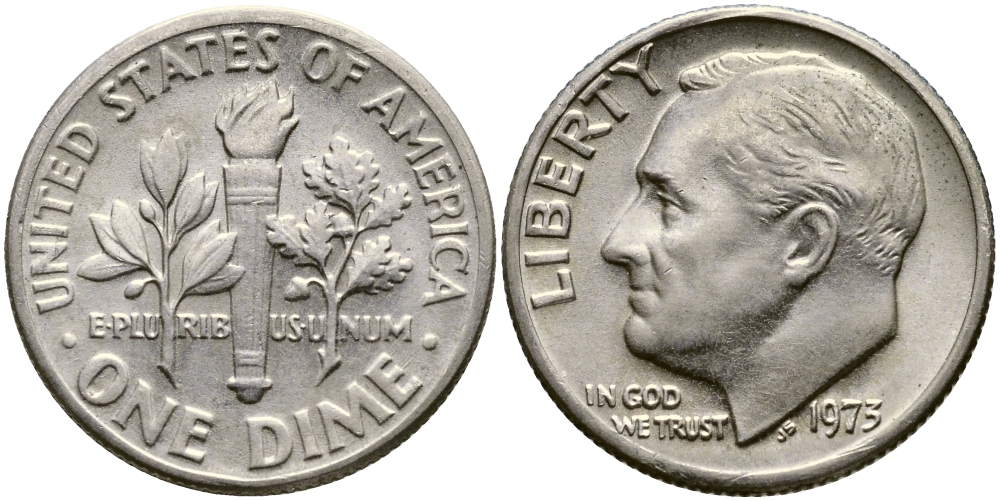 США 10 ЦЕНТОВ = 1 ДАЙМ 1973 РУЗВЕЛЬТ KM 195а медь плакированная медно-никелем 54-918