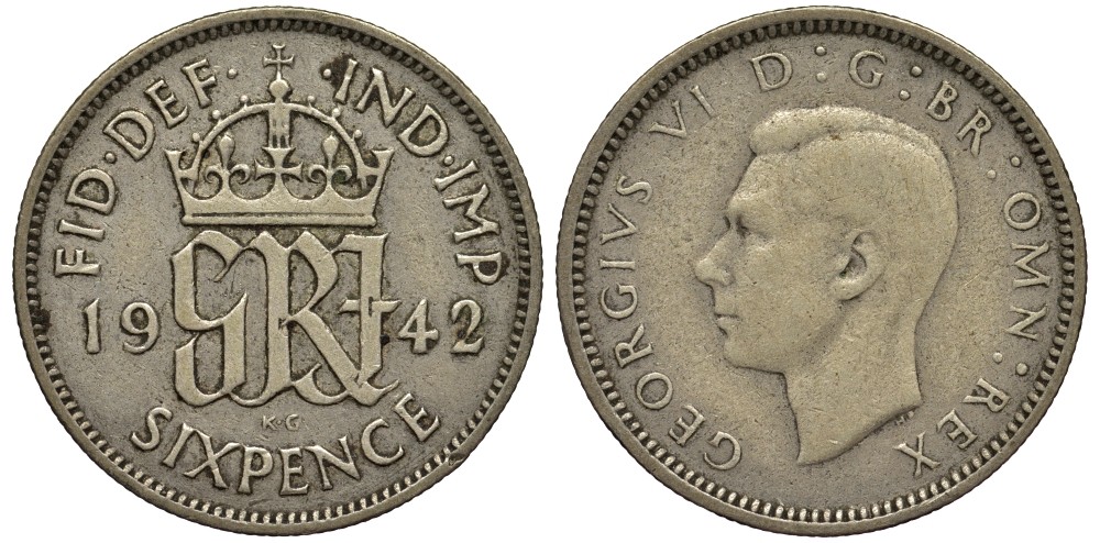 Великобритания 6 пенсов 1942 Георг VI (1936-1952) KM 852, Spink 4084 серебро 4538-511