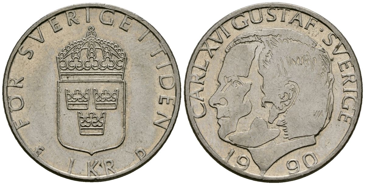 Швеция 1 крона 1990 Карл XVI Густав (1973- ) KM 852a медь плакированная медно-никелем 4176-612