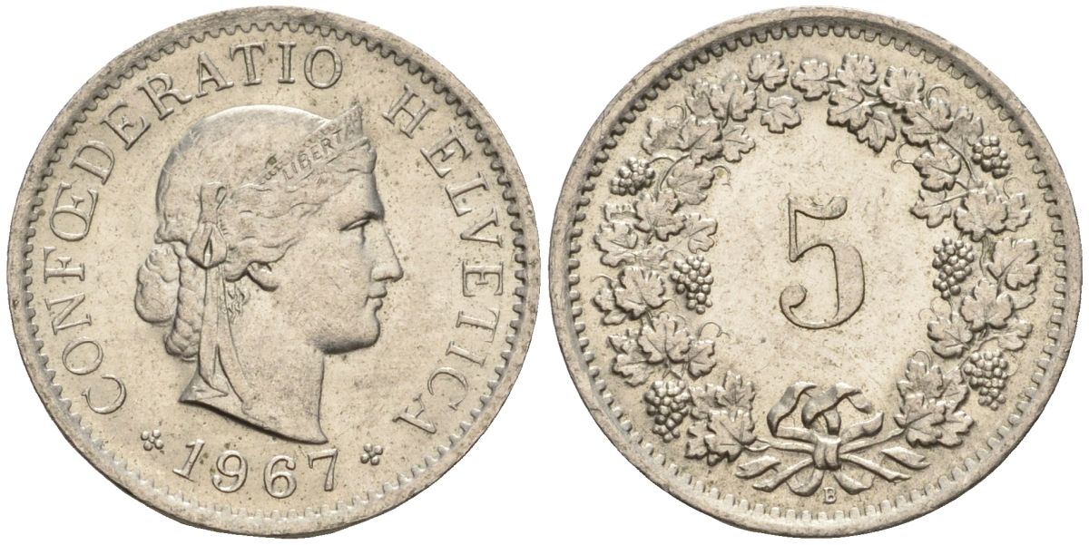 Швейцария 5 раппенов 1967 B KM 26 медно-никель 4608-456