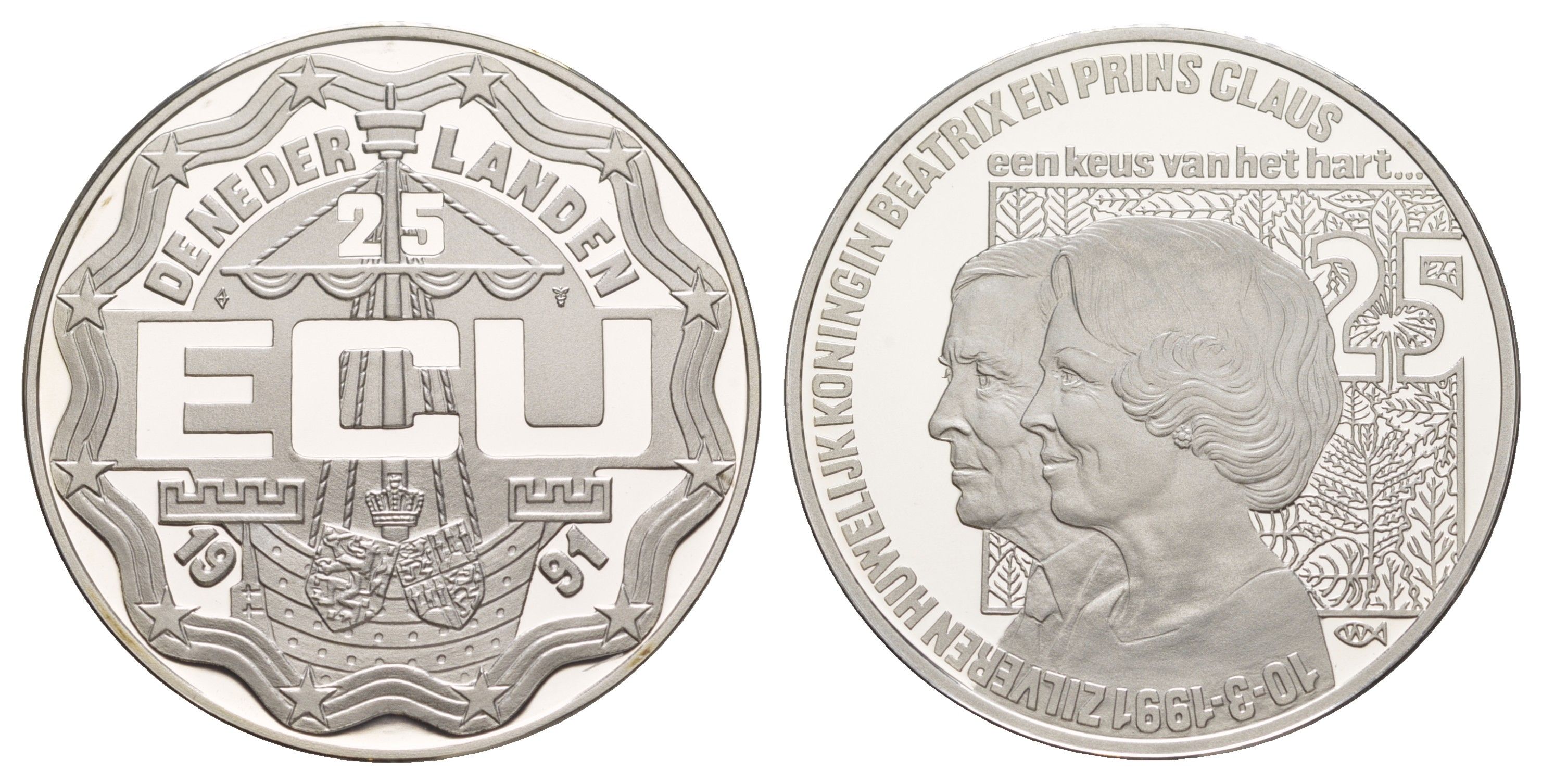Нидерланды 25 экю 1991 25 лет свадьбе Беатрикс и Принца Клауса X 37 серебро PROOF 1083-4-11