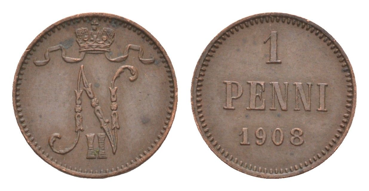 Россия для Финляндии 1 пенни 1908 Николай II (1894-1917) Биткин 469 медь 4655-238