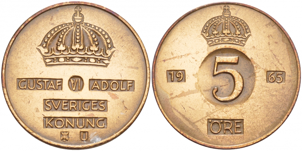 Швеция 5 эре 1965 U, Густав VI Адольф (1950-1973) KM 822 бронза 4548-421