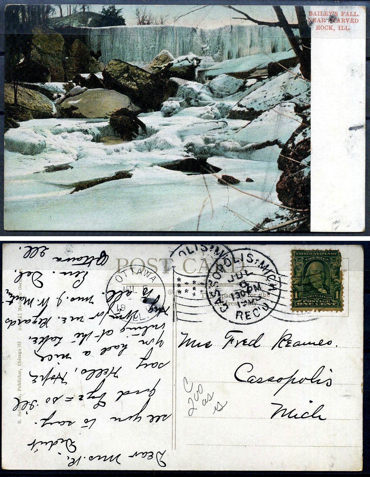 США post card - открытка 1908 Бейлис, с маркой в 1 цент 2193-93