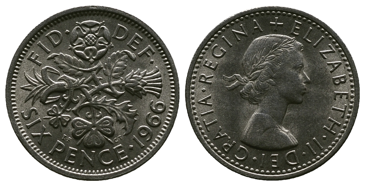 Великобритания 6 пенсов 1966 Елизавета II (1952-2022) KM 903, Spink 4149 медно-никель 4381-849