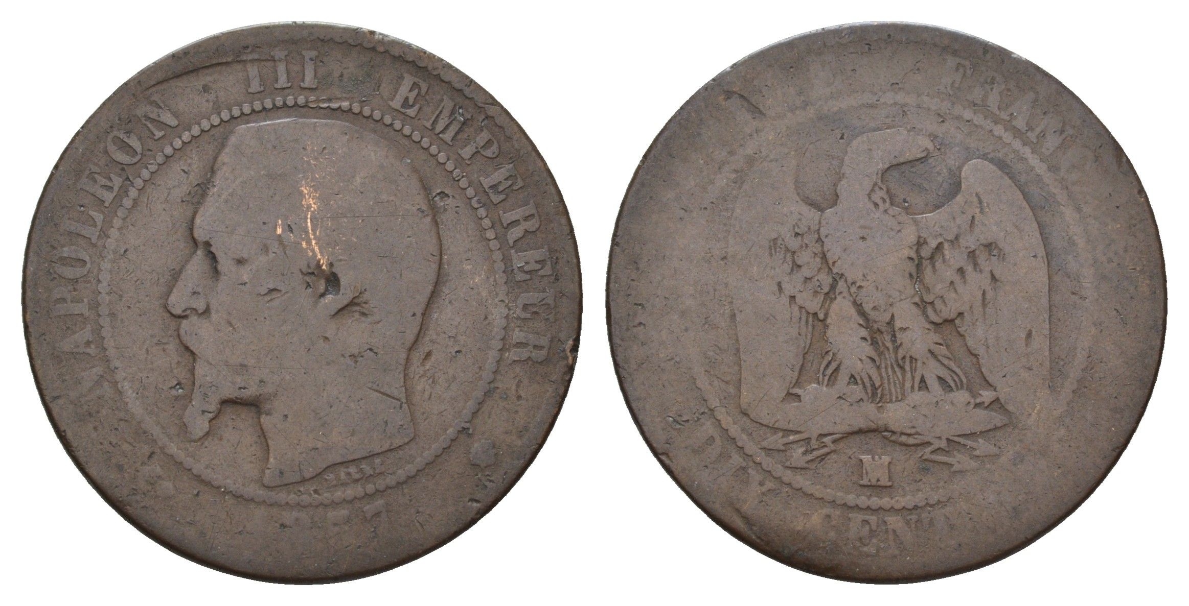 Франция 10 сантимов 1857 MA, Наполеон III (1852-1870) KM 771 бронза 4389-1023