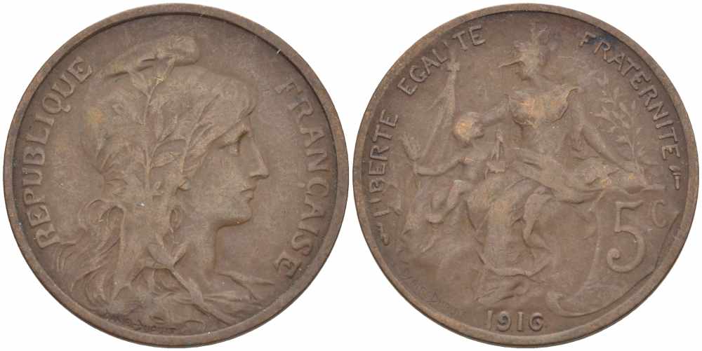ФРАНЦИЯ 5 САНТИМОВ 1916 ТИП ДАНИЭЛЬ ДЮПЮИ KM 842, LE FRANC 119.28 бронза 108-1013