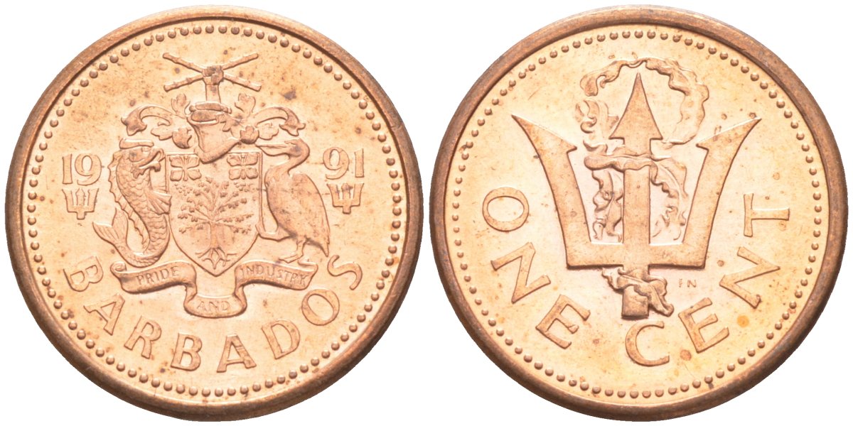 Барбадос 1 цент 1991 сломанный трезубец Британии KM 10 бронза 187-264