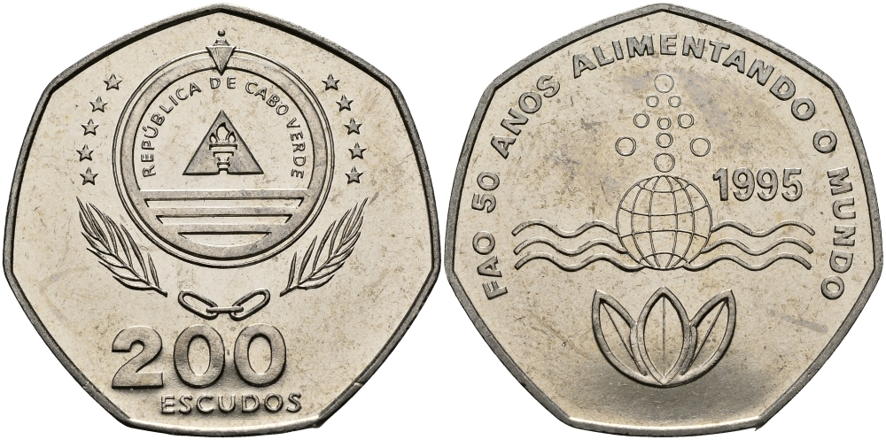 Кабо-Верде 200 эскудо 1995 50 лет FAO KM 34 медно-никель UNC 3333-912