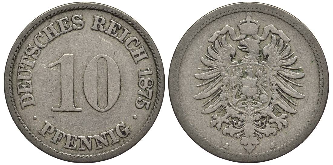ГЕРМАНИЯ 10 ПФЕННИГОВ 1875 A, СТАРОГЕРБОВКА KM 4, Jager 4, Weege 7 медно-никель 4546-1121