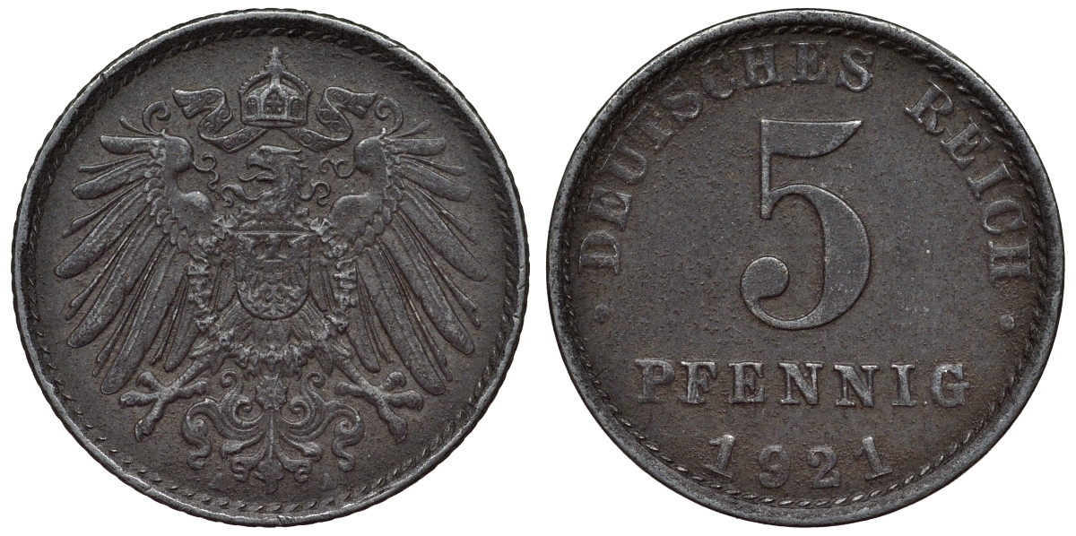 Германия 5 пфеннигов 1921 A KM 19, J. 297, Weege 5 железо 4118-1125