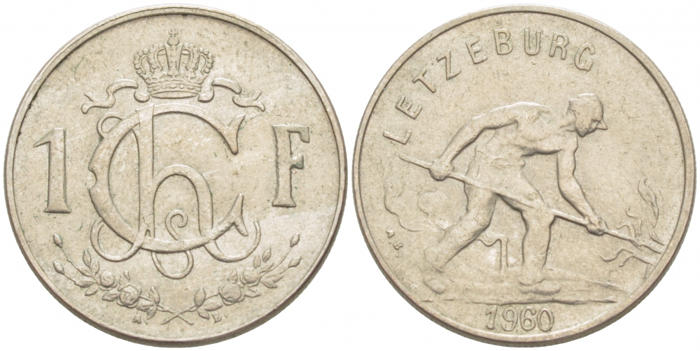 Люксембург 1 франк 1960 сталевар KM 46.2 медно-никель 77-836