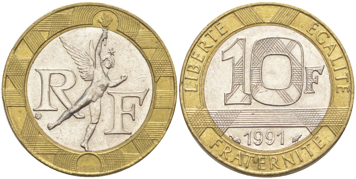 Франция 10 франков 1991 тип гений Бастилии KM 964.1, Le Frank 375.6 биметалл 4519-257
