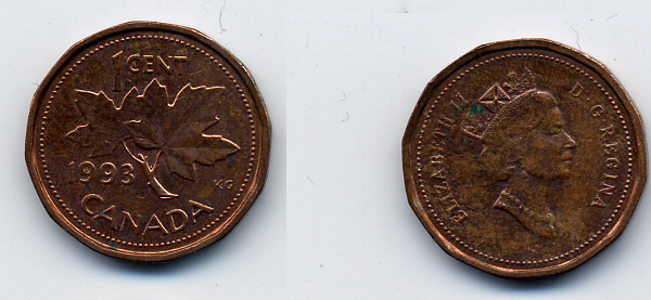 Канада 1 цент 1993 Елизавета II (1952-2022), кленовый лист KM 181 бронза 54-149