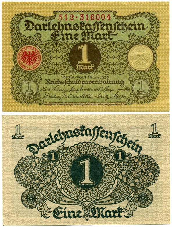 Германия 1 марка 1920 1 марта 1920, Веймарская республика Pick 58, Розенберг 64 бумага аUNC 7547-12-1