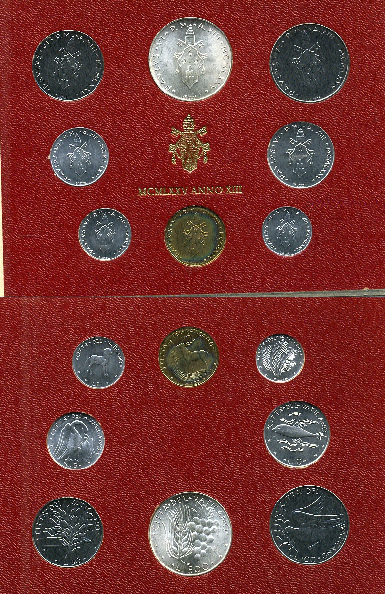 Ватикан набор из 8 монет 1975 1, 2, 5, 10, 20, 50, 100, 500 лир, в оригинальном буклете KM MS79 серебро UNC 8-1-01-22