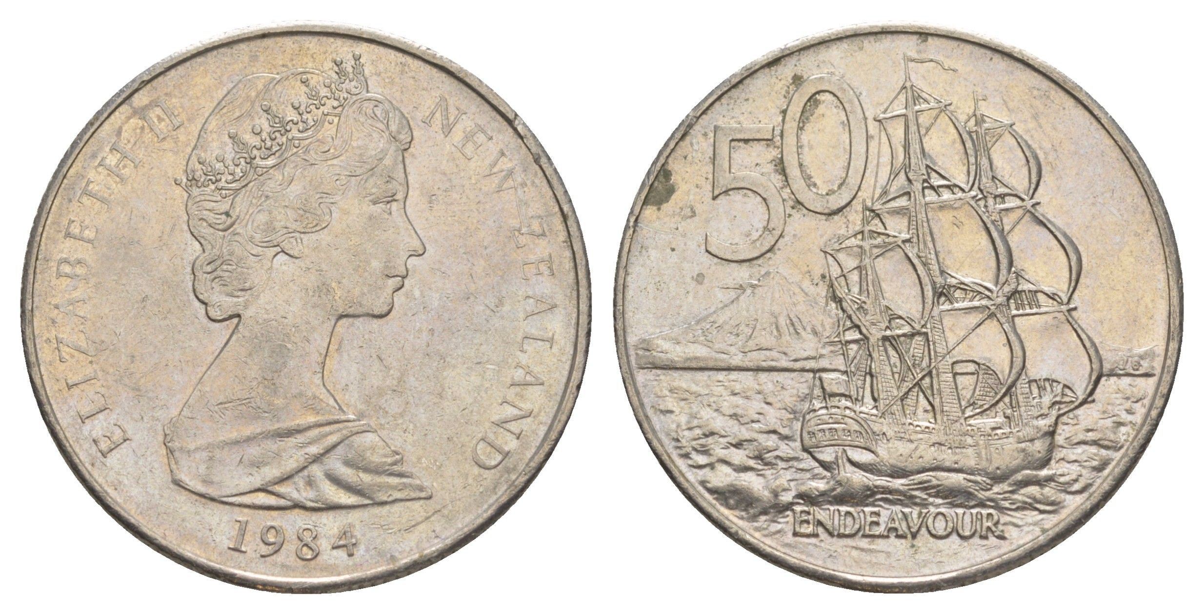 Новая Зеландия 50 центов 1984 Елизавета II (1952-2022), парусник Индевор KM 37.2 медно-никель 4384-842