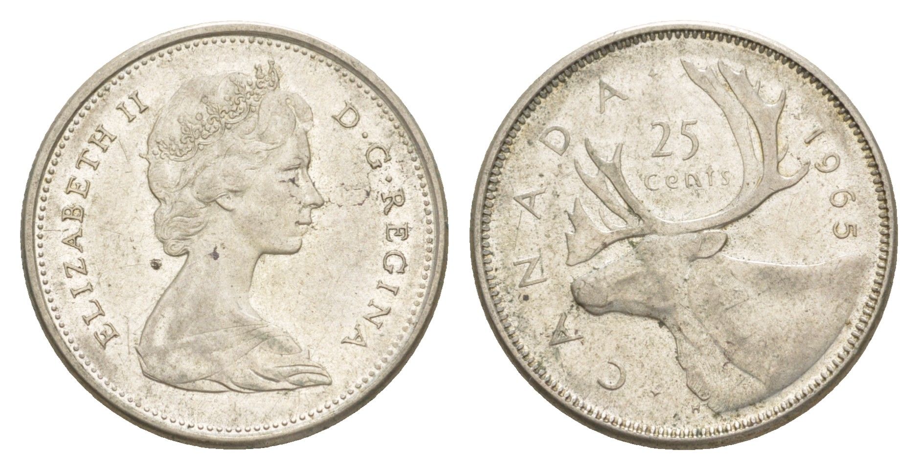 Канада 25 центов 1965 Елизавета II (1952-2022), олень KM 62 серебро 4541-953