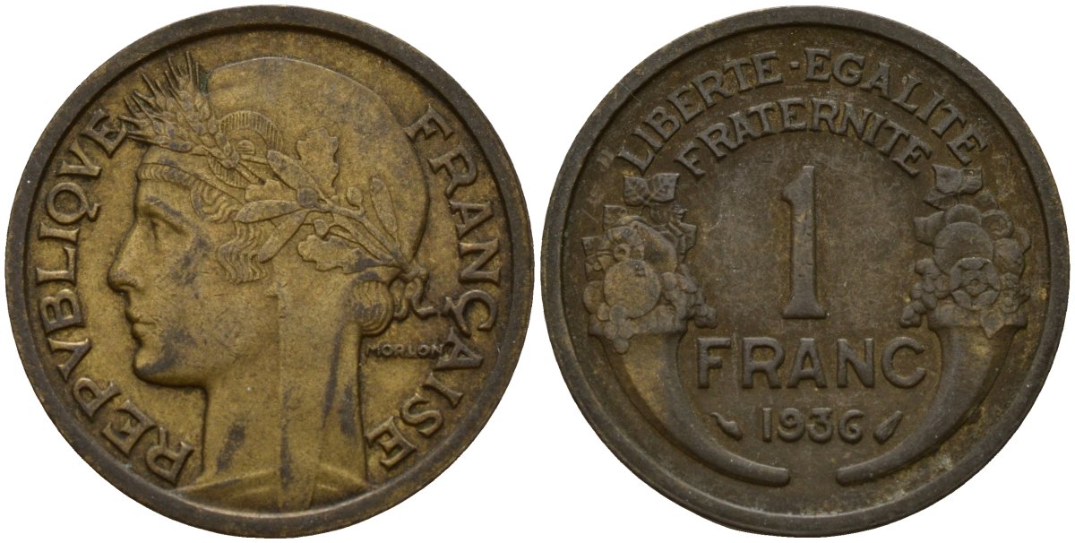 Франция 1 франк 1936 тип Morlon KM 885 алюминиевая бронза 4156-713