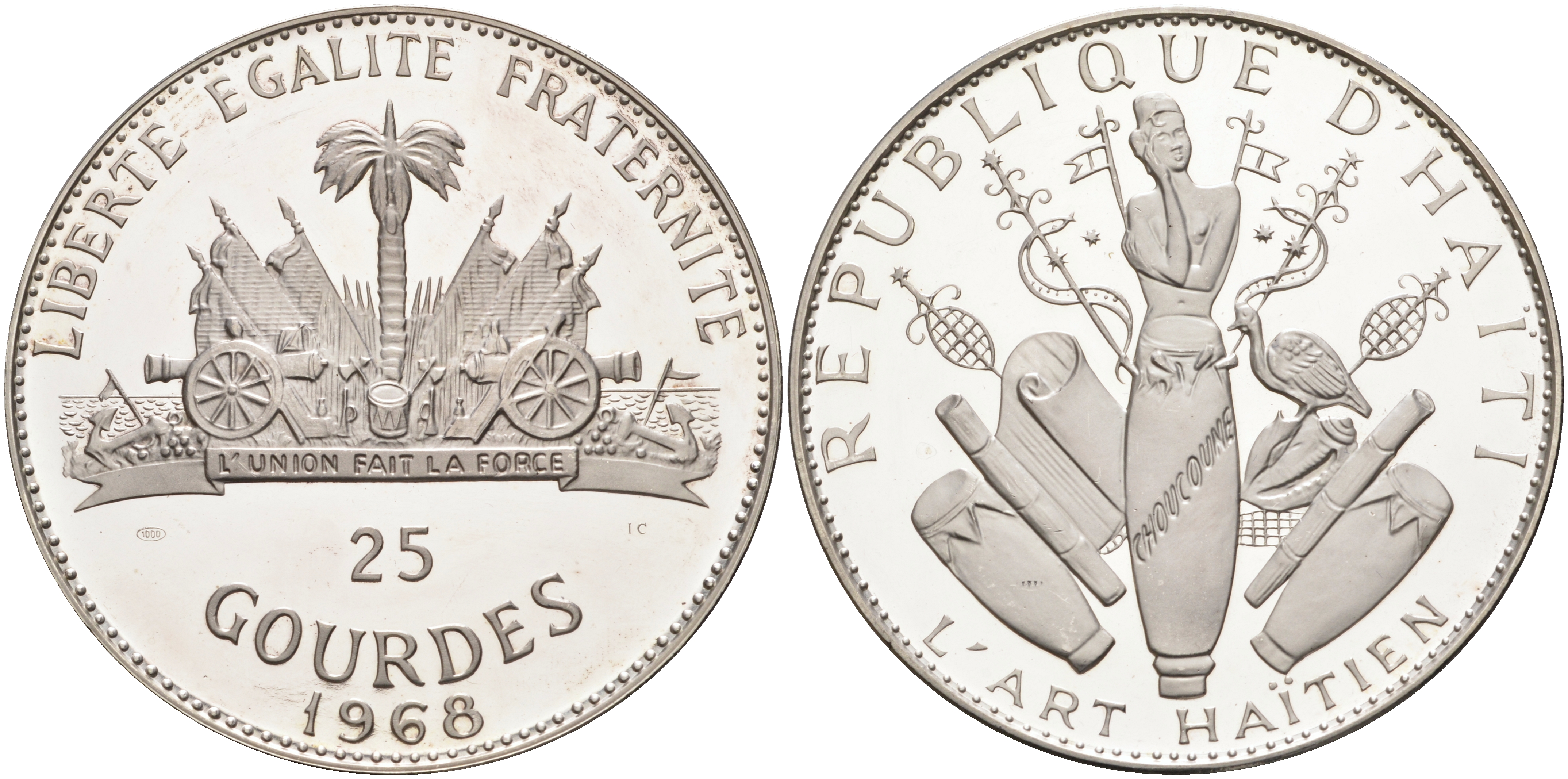 Гаити 25 гурдов 1968 10 лет революции, 155 гр., тираж 5810 экз. KM 67.1 серебро PROOF 00-000-00