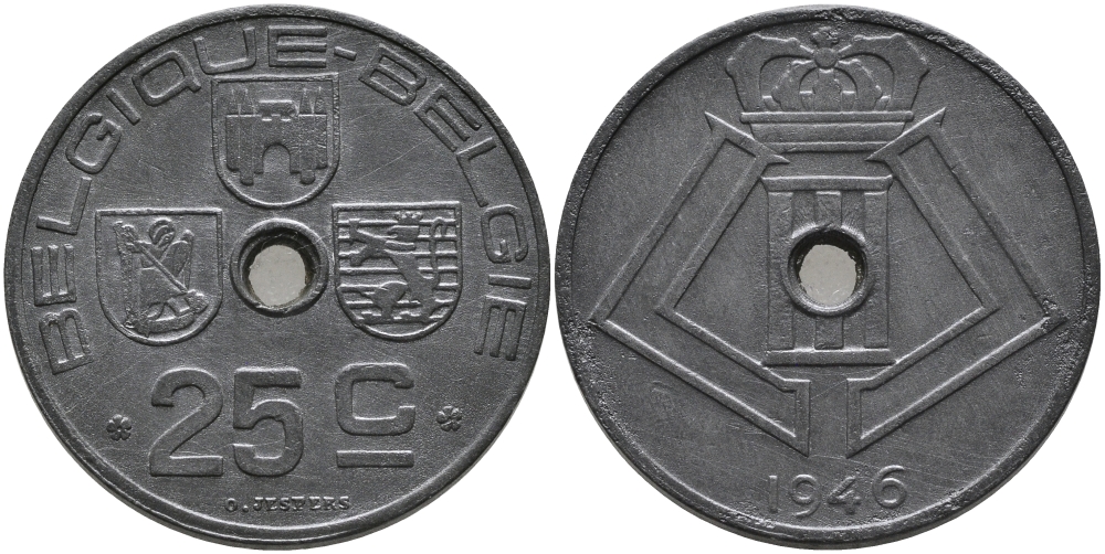 БЕЛЬГИЯ 25 САНТИМОВ 1946 BELGIQUE-BELGIE, ГЕРМАНСКАЯ ОККУПАЦИЯ, ВТОРАЯ МИРОВАЯ ВОЙНА KM 131 цинк 94-326