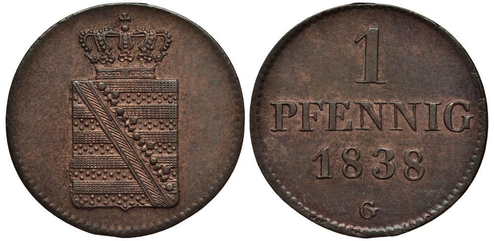 Саксония 1 пфенниг 1838 Фридрих Август II (1797-1854), из коллекции Gerhart Rother KM 1135, AKS 111 медь UNC 413-4741