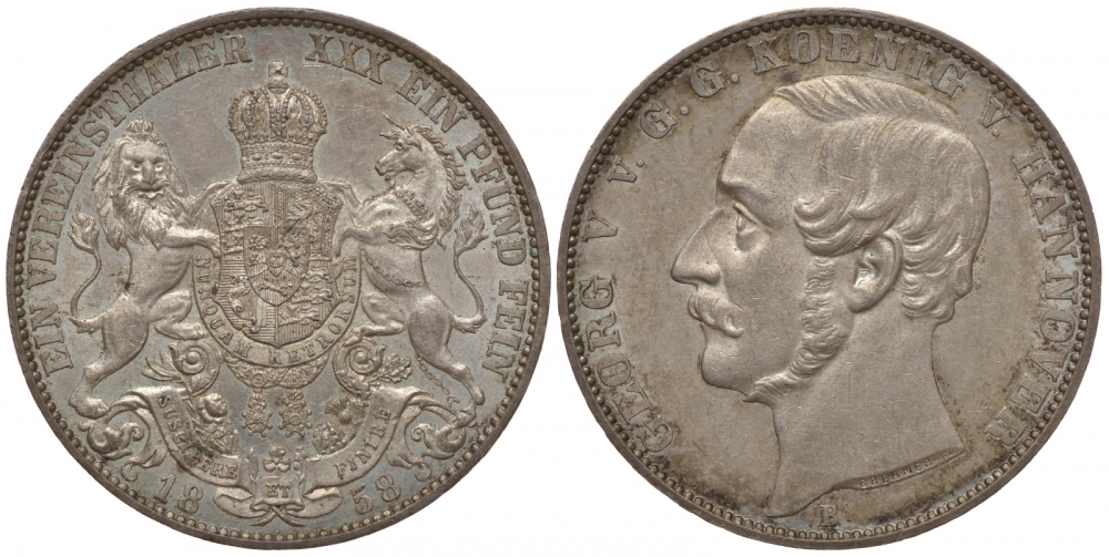 Брауншвейг-Каленберг-Ганновер 1 талер 1858 B, Георг V (1851-1866) КМ 230, Welter 3188, Thun 174, AKS 144, Jäger 96, Kahnt 239, Davenport 6820 серебро 00-809-31