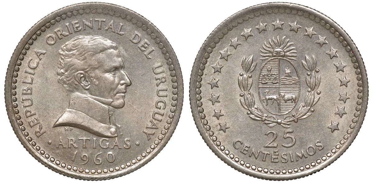 Уругвай 25 сентесимо 1960 KM 40 медно-никель 4169-854
