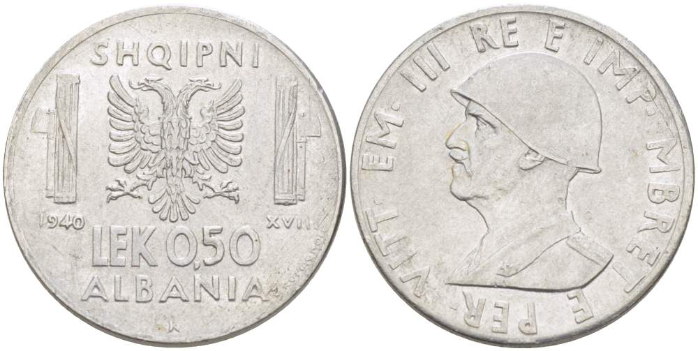 Албания 0,50 лека 1940 R, Итальянская оккупация KM 30 нержавеющая сталь 4523-412