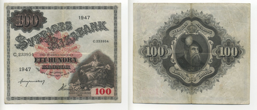 ШВЕЦИЯ 100 КРОН 1947 Pick 36ac бумага VF 8612-47-2