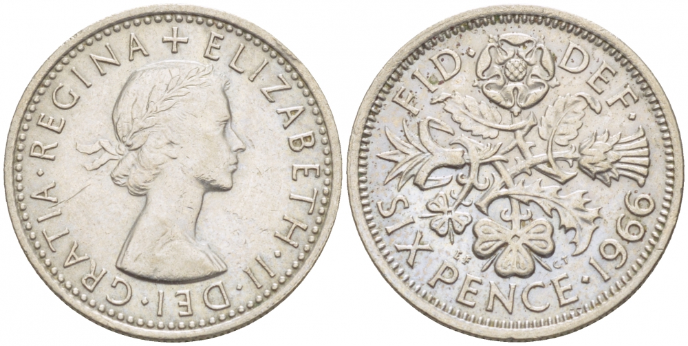 Великобритания 6 пенсов 1966 Елизавета II (1952-2022) KM 903, Spink 4149 медно-никель 214-722