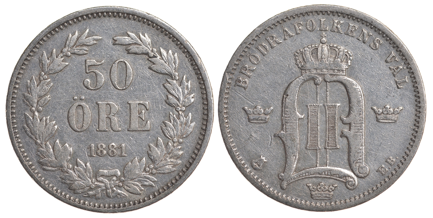 Швеция 50 эре 1881 EB, Оскар II (1872-1907) король Швеции и Норвегии KM 740 серебро 4179-917