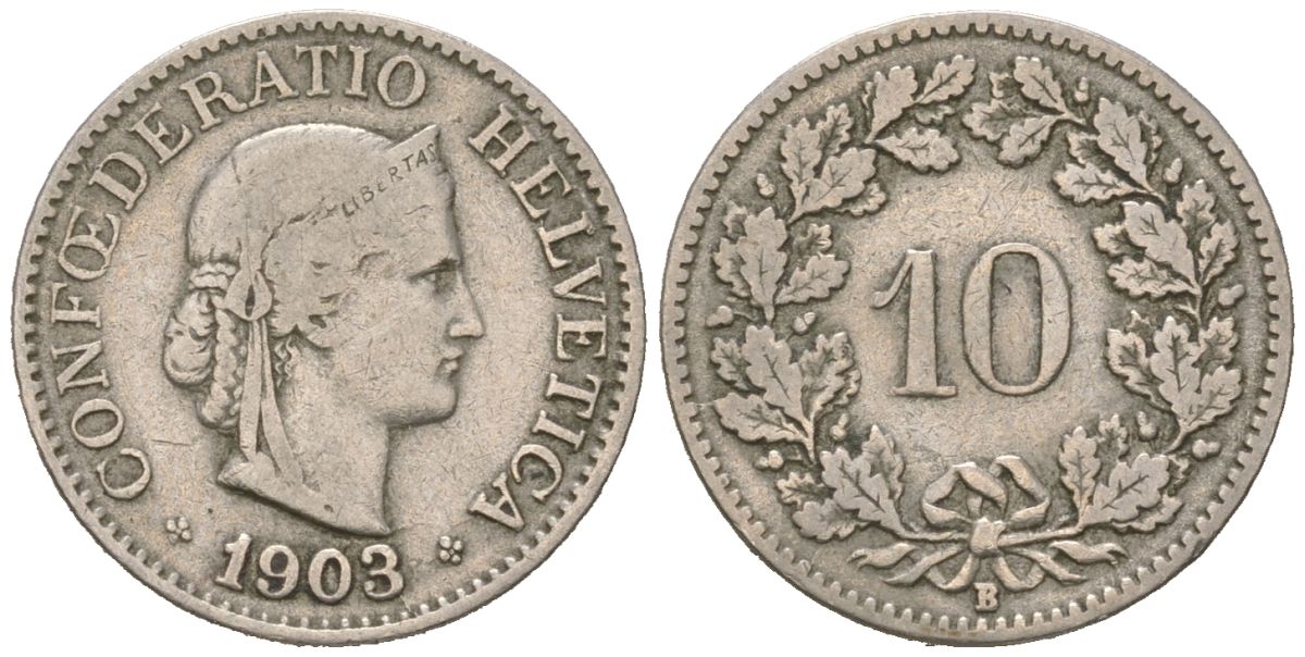 Швейцария 10 раппенов 1903 B KM 27 медно-никель 4164-915