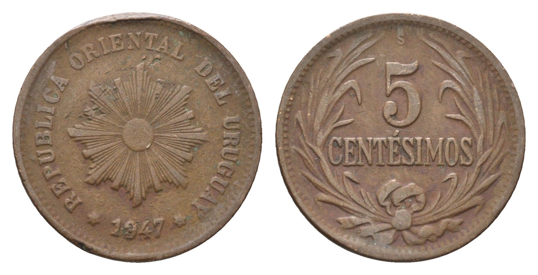 Уругвай 5 сентесимо 1947 KM 21a медь 4663-337