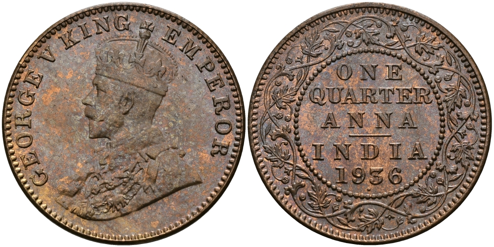Британская Индия 1/4 анна 1936 Георг V (1910-1936) KM 512 бронза UNC 94-217