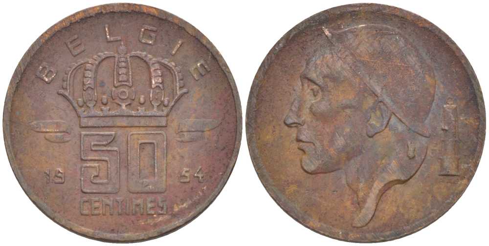 БЕЛЬГИЯ 50 САНТИМОВ 1954 BELGIE KM 145 бронза 4396-218