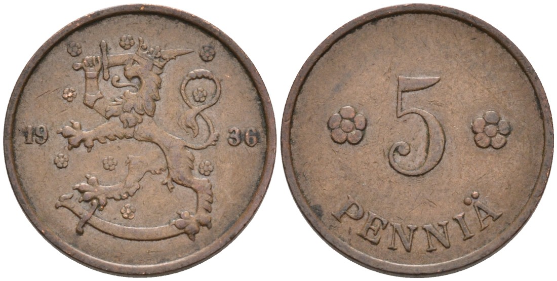 ФИНЛЯНДИЯ 5 ПЕННИ 1936 KM 22 медь 192-1252