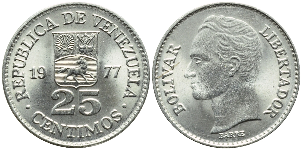 Венесуэла 25 сентимо 1977 Симон Боливар KM 50.2 никель 4392-958