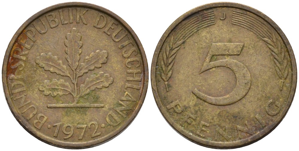 ФРГ 5 ПФЕННИГОВ 1972 J KM 107, J.382 сталь плакированная латунью 4567-868